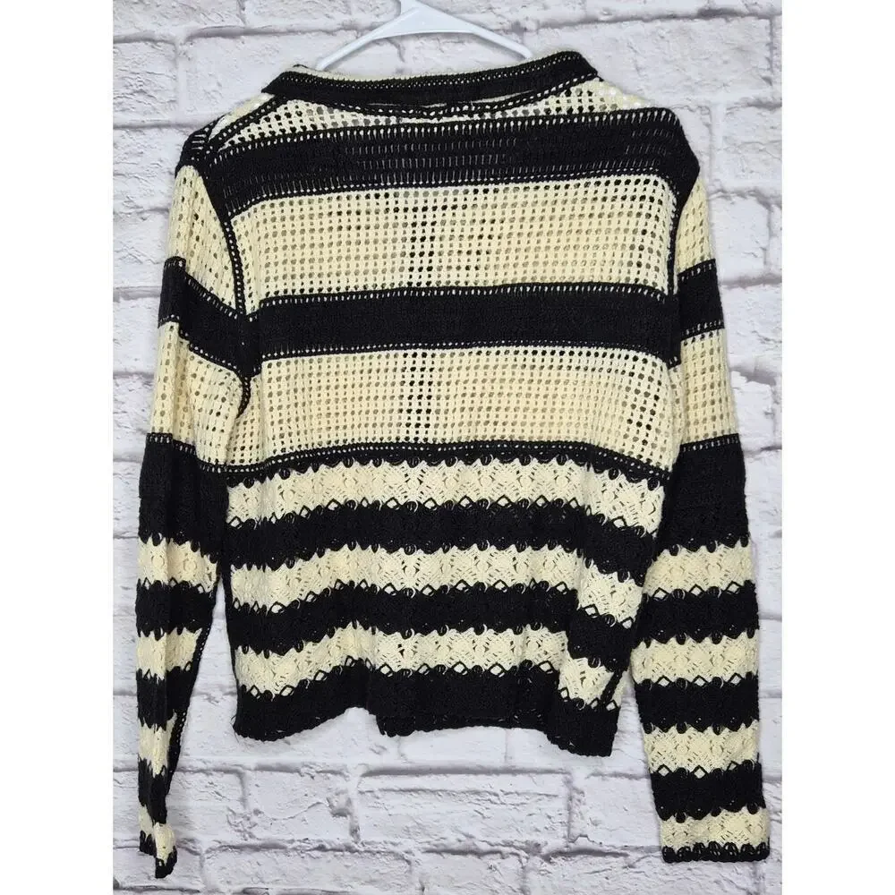 COCOBLEU NY Crochet Knit Cardigan Sweater Medium Black White Striped Boho Button